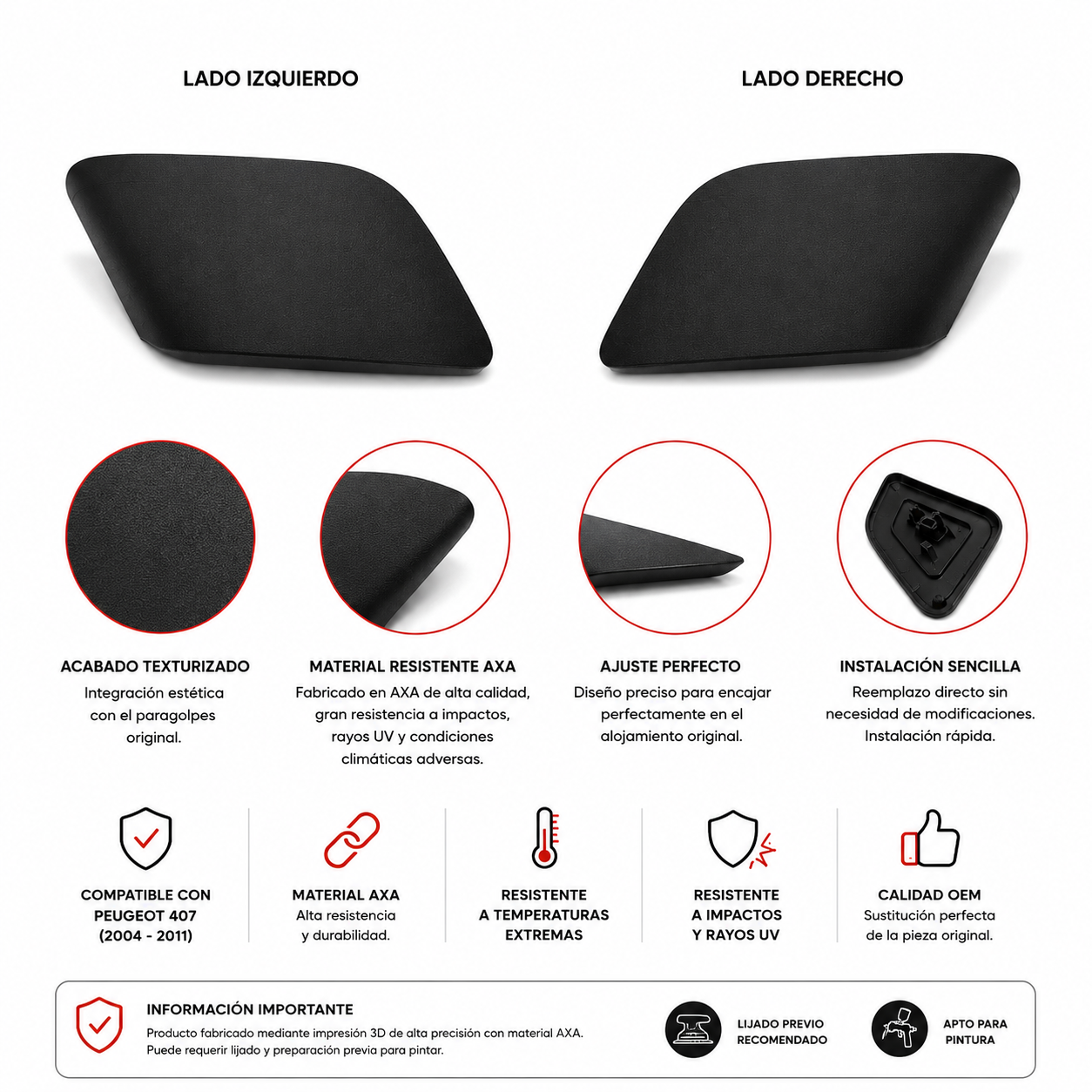 Tapa Lavafaros Peugeot 5008 — Recambio Descatalogado, Encaje Directo, Lista para Pintar del Color de tu Coche