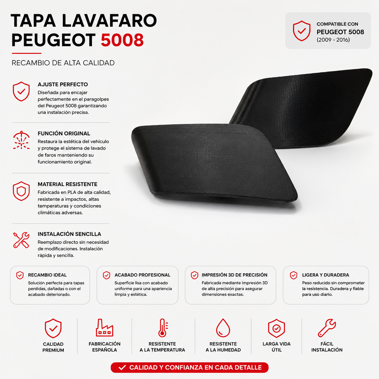 Tapa Lavafaros Peugeot 5008 — Recambio Descatalogado, Encaje Directo, Lista para Pintar del Color de tu Coche