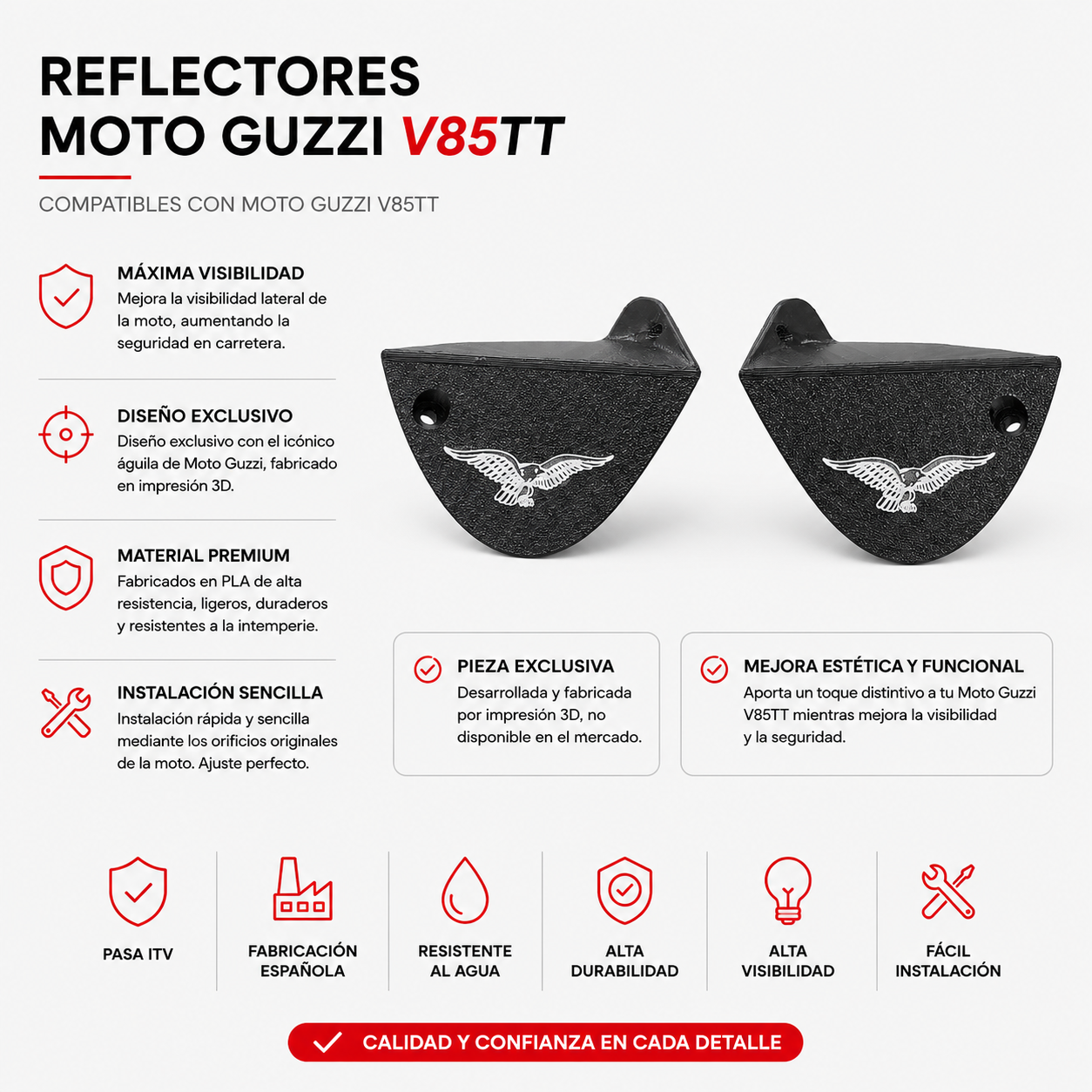 Deflectores Antiturbulencia Moto Guzzi V85TT — Águila Grabada, Mejora Real en Ruta, Par Completo con Tornillos